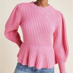 Rebecca Taylor LA VIE Pink Puff Sleeve Peplum Sweater Small
